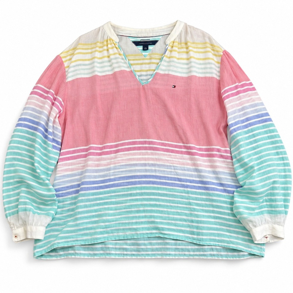 Tommy Hilfiger Relaxed Fit Blouse Mens XL Multi Color Striped Cotton V-Neck